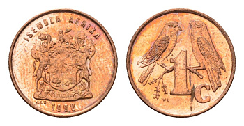 ЮАР 1 цент 1998 герб, капские воробьи KM 170 сталь плакированная медью UNC 4694-236