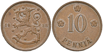 Финляндия 10 пенни 1935 KM 24 медь aUNC 4586-535