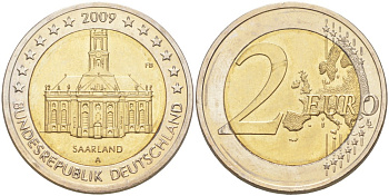 ФРГ 2 евро 2009 A, серия Федеральные земли, Саарланд, церковь Святого Людвига в Саарбрюккене KM 276 биметалл UNC 4111-814