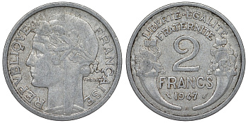 Франция 2 франка 1947 В KM 886а.2, Le Franc 269.11 алюминий 4123-343