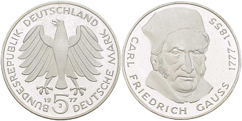 ФРГ 5 марок 1977 J, 200 лет со дня рождения Карла Фридриха Гаусса KM 145, J.420 серебро PROOF 180-1032