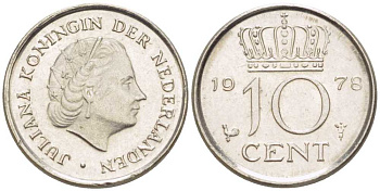 Нидерланды 10 центов 1978 Юлиана (1948-1980) КМ 182 никель 211-1237