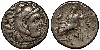 МАКЕДОНСКОЕ ЦАРСТВО ДРАХМА 323-316 гг. до н.э. ФИЛИПП III АРРИДЕЙ, ГОЛОВА АЛЕКСАНДРА ВЕЛИКОГО В ОБРАЗЕ ГЕРАКЛА / ЗЕВС НА ТРОНЕ, ДЕРЖАЩИЙ ОРЛА, СЛЕВА РОЗА, ГРЕЧЕСКАЯ ЛЕГЕНДА 'ФИЛИППА', ГОРОД САРДЫ, 4,20 гр Price P66 серебро 1073-11-91