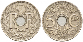 Франция 5 сантимов 1931 тип Линдайё KM 875, Le Franc 122.14 медно-никель 3309-1019
