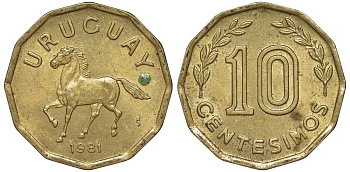 Уругвай 10 сентесимо 1981 KM 66 алюминиевая бронза 4169-548