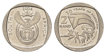 ЮАР 2 ранда 2004 10 лет первым всеобщим выборам KM 334 медь плакированная никелем UNC 4628-131