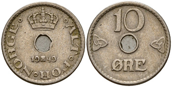 Норвегия 10 эре 1949 Хокон VII (1906 - 1957) KM 383 медно-никель 4154-759