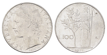 Италия 100 лир 1971 R, Афина в доспехах KM 96.1 нержавеющая сталь 4704-716