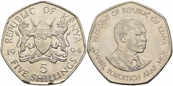 Кения 5 шиллингов 1994 Дэниэл арап Мои KM 23а сталь плакированная никелем 4545-422