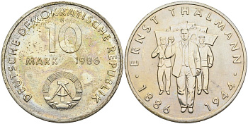 ГДР 10 марок 1986 А, 100 лет со дня рождения Эрнста Тельмана (1886-1944) KM 109, J. 1608 медно-никель UNC 4574-643