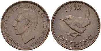 Великобритания 1 фартинг 1942 Георг VI (1936-1952) KM 843, Spink 4116 бронза 4154-256