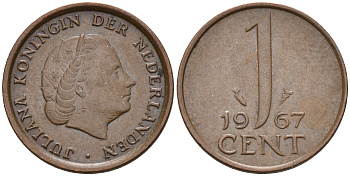 Нидерланды 1 цент 1967 Юлиана (1948-1980) КМ 180 бронза    4602-461