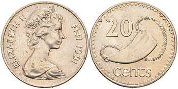 Фиджи 20 центов 1981 Елизавета II (1952-2022), китовый зуб KM 31 медно-никель 4565-443