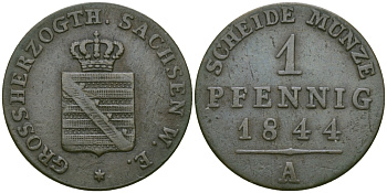 Саксен-Веймар-Эйзенах 1 пфенниг 1844 А, Карл Фридрих Саксен-Веймар-Эйзенахский (1828-1853) KM 81, Jaeger 527, AKS 31 медь    99-562