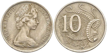 Австралия 10 центов 1966 Елизавета II (1952-), птица лирахвост KM 65 медно-никель 4382-922