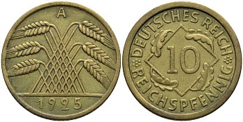 Германия 10 рейхспфеннигов 1925 A KM 40 алюминиевая бронза 4171-327
