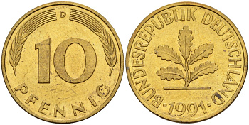 ФРГ 10 пфеннигов 1991 D KM 108, J. 383 сталь плакированная латунью 4175-1127