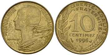 Франция 10 сантимов 1996 тип Marianne KM 929 алюминиевая бронза 4390-912