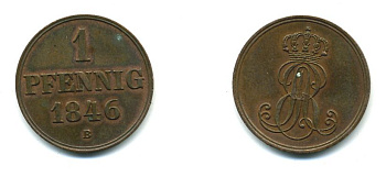 Ганновер 1 пфенниг 1846 B, Эрнст Август (1837-1851) KM 201.1, AKS 129, J. 74 медь 35-852