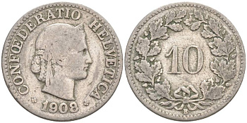 ШВЕЙЦАРИЯ 10 РАППЕНОВ 1908 В KM 27 медно-никель 96-1132