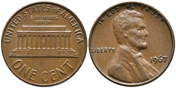 США 1 ЦЕНТ 1967 ЛИНКОЛЬН KM 201 медь цинк 4549-757