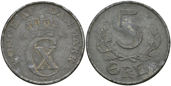 Дания 5 эре 1945 KM 834a цинк 4165-325