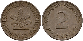 ФРГ 2 пфеннига 1962 D J.381  KM 106 бронза  4598-725