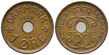 ДАНИЯ 1 ЭРЕ 1937 N; GJ, КРИСТИАН X (1912-1947) KM 826.2 бронза 66-156