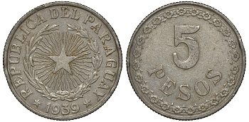 ПАРАГВАЙ 5 ПЕСО 1939 ГОД ТИП KM 18 медно-никель 72-1454