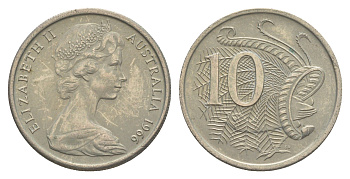 Австралия 10 центов 1966 Елизавета II (1952-2022), птица лирахвост KM 65 медно-никель 4364-3044