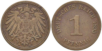 ГЕРМАНИЯ 1 ПФЕННИГ 1893 A KM 10, J. 10, Weege 2 медь 211-155