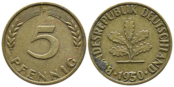 ФРГ 5 ПФЕННИГОВ 1950 F KM 107, J.382 сталь плакированная латунью 26-1057