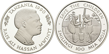 Танзания 100 шиллингов 1990 международный фонд "Спасите детей", тираж 20000 экз. KM 24 серебро PROOF 00-00