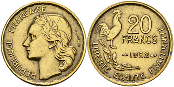Франция 20 франков 1952  KM 917.1 алюминиевая бронза    4153-512