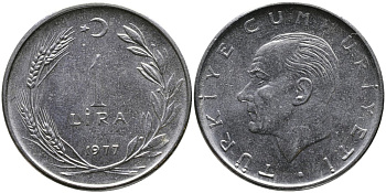 Турция 1 лира 1977 Мустафа Кемаль Ататюрк KM 889а.2 нержавеющая сталь 4541-526