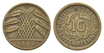 Германия 10 рентенпфеннигов 1924 F KM 33, J. 309, Weege 8 алюминиевая бронза 36-417
