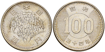 Япония 100 йен 1959 Год 34, Император Хирохито Сева (1926-1989) Y 78 серебро 4141-356