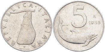 Италия 5 лир 1953 R, дельфин, плуг KM 92 алюминий 4594-1031