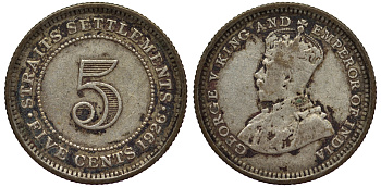 Стрейтс-Сетлментс 5 центов 1926 Георг V (1910-1936) КМ 36 серебро 53-523