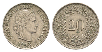 Швейцария 20 раппенов 1943 B KM 29a медно-никель 4625-1014