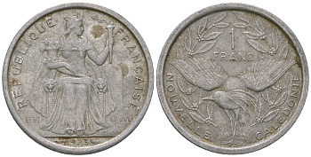 Французская Новая Каледония 1 франк 1973 птица кагу, (IEOM) KM 10, Schoen 10, Lec 39 алюминий    51-756