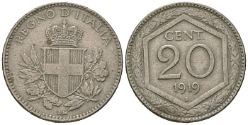 Италия 20 чентезимо 1919 R, Виктор Эммануил III (1900-1946) KM 58 медно-никель 4615-629