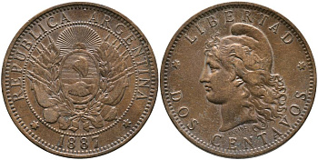 Аргентина 2 сентаво 1887 голова Свободы влево, самый редкий год, тираж 363000 экземпляров KM 8 бронза 00-00