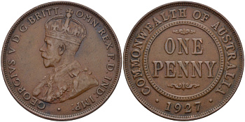 Великобритания 1 пенни 1927 Георг V (1910-1936) KM 826, Spink 4054 бронза 82-722
