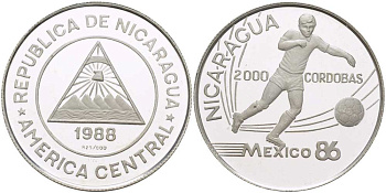Никарагуа 2000 кордоба 1988 чемпионат мира по футболу в Мексике 1986 года KM 65 серебро PROOF 00-00