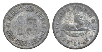 Бельгия жетон в 15 сантимов для покупки в магазинах конец XIX века Delhaize Freres, диаметр 20 мм, вес 2,04 гр цинк 4647-955