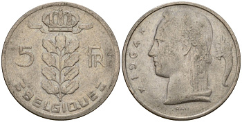 Бельгия 5 франков 1964 Belgique, Бодуэн I (1951-1993) KM 134 медно-никель 4397-121