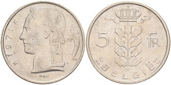 БЕЛЬГИЯ 5 ФРАНКОВ 1971 BELGIE KM 135.1 медно-никель 4556-432