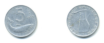 ИТАЛИЯ 5 ЛИР 1955 R, РУЛЬ, ДЕЛЬФИН KM 92 алюминий 4379-255