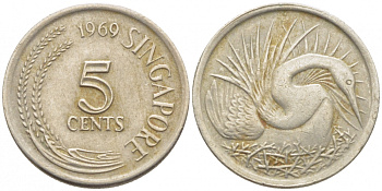Сингапур 5 центов 1969 большая белая цапля KM 2 медно-никель 105-1245